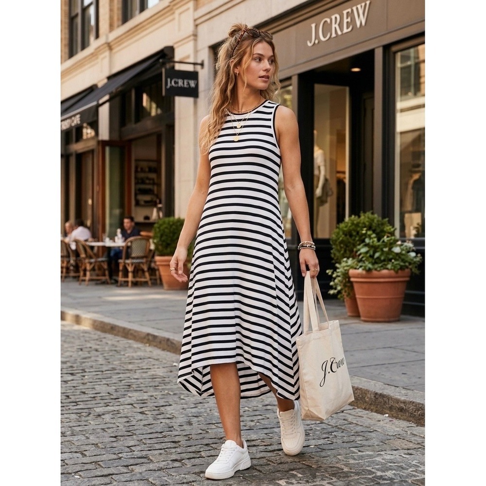 J.Crew Womens Navy White Striped Sleeveless High-Low Cotton Midi Dress Large